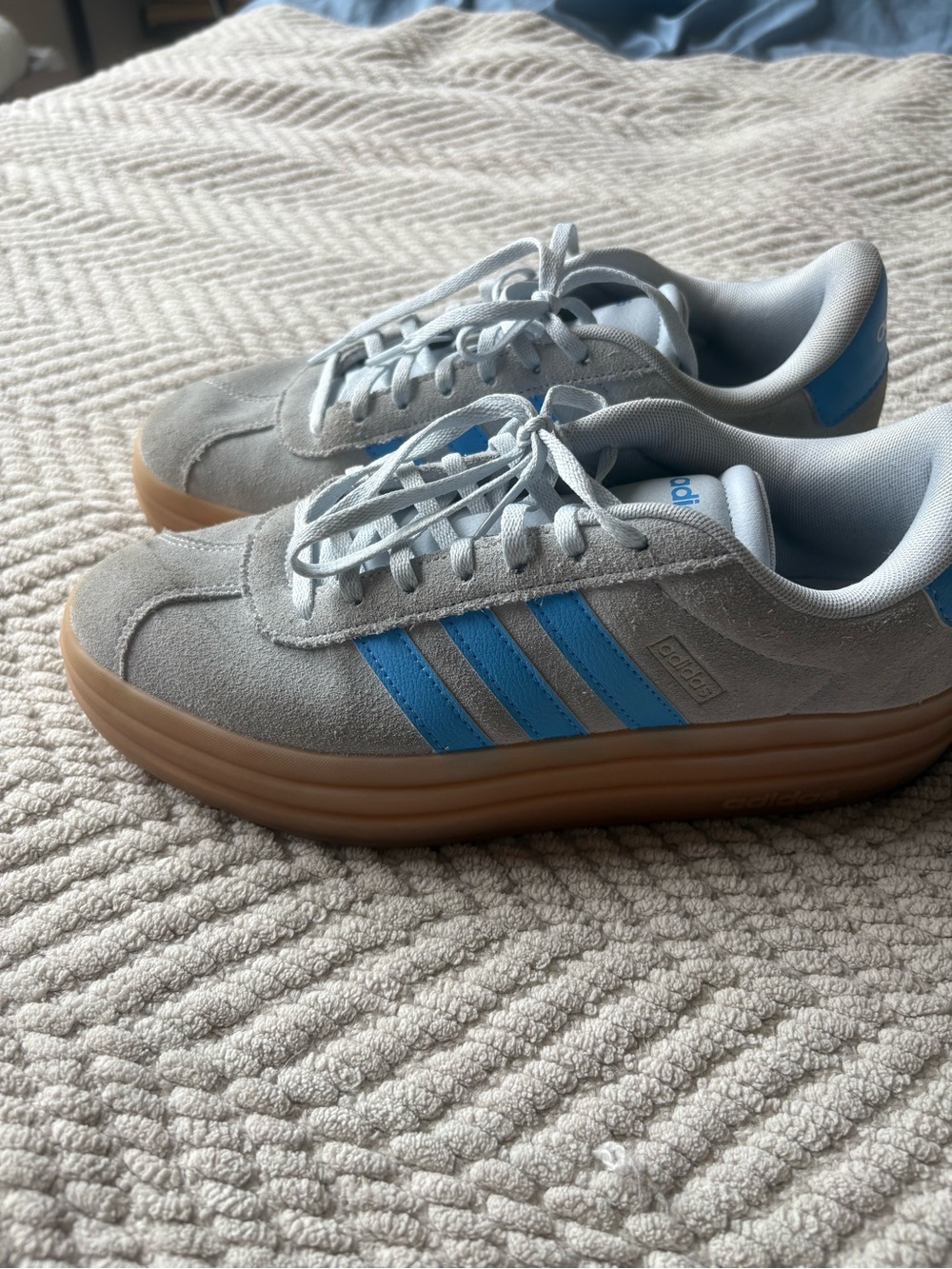adidas Light Gray Suede Sneakers with Blue Stripes and Gum Sole